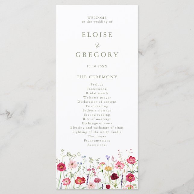 Wildflower Rustic Country Floral Garden Wedding Programme (Front)