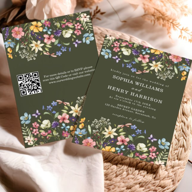 Wildflower Rustic Country Green Wedding QR Code  Invitation (Creator Uploaded)
