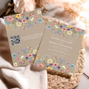 Wildflower Rustic Country Taupe Wedding QR Code Invitation