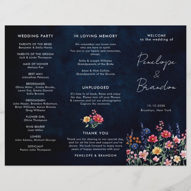Wildflower Rustic Country Tri Fold Wedding Program (Front)
