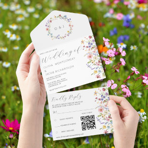 Wildflower Rustic Garden Wedding RSVP & QR Code All In One Invitation