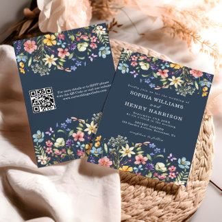 Wildflower Rustic Navy Blue Wedding QR Code  Invitation