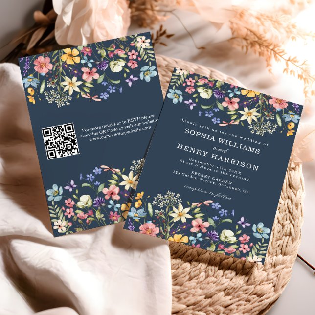 Wildflower Rustic Navy Blue Wedding QR Code  Invitation (Creator Uploaded)