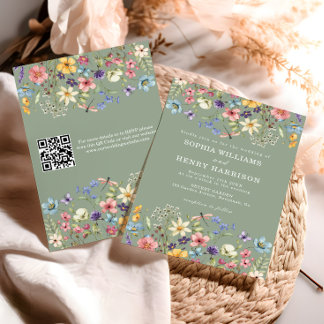 Wildflower Rustic Sage Green Wedding QR Code  Invitation