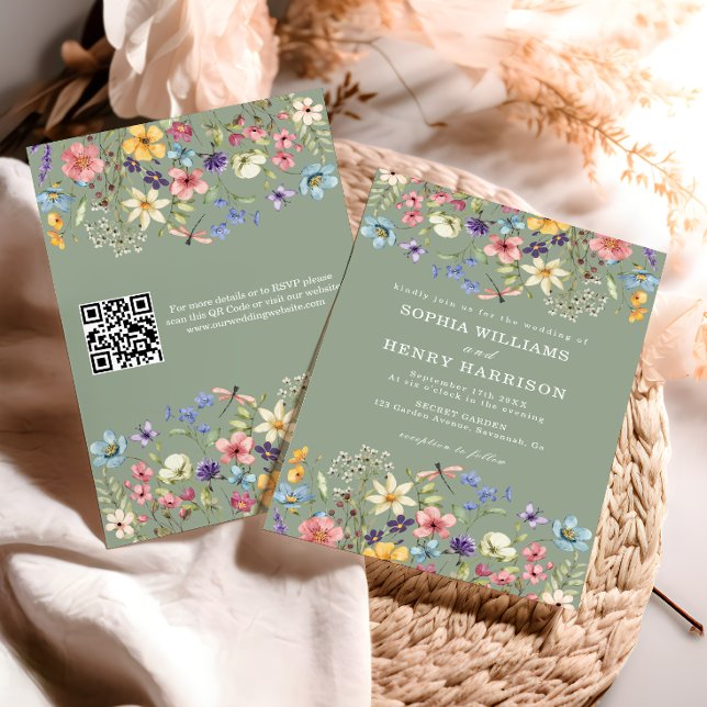 Wildflower Rustic Sage Green Wedding QR Code  Invitation (Creator Uploaded)