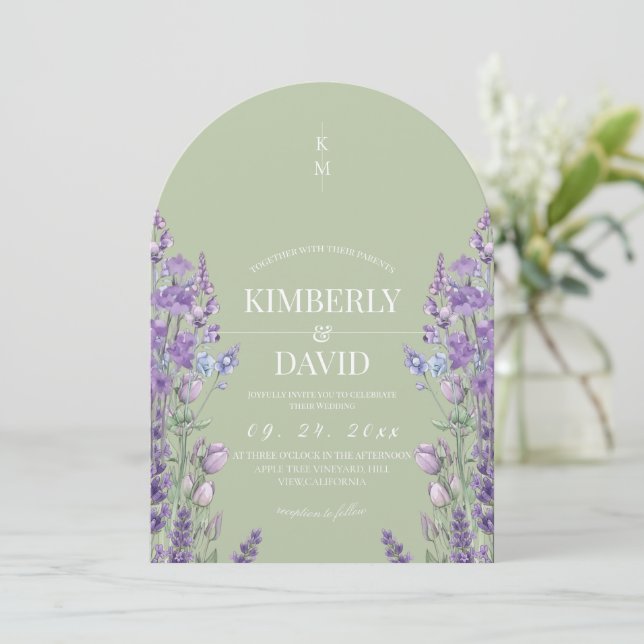  Wildflower Rustic Sage Purple Wedding Invitation (Standing Front)