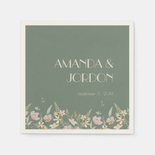 Wildflower Sage Deco Wedding Cocktail Napkin