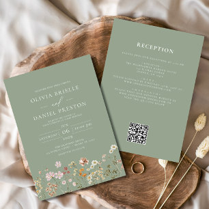 Wildflower Sage Green All in One QR Code Wedding Invitation