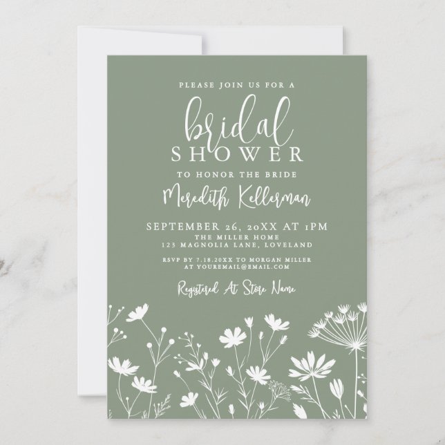 Wildflower Sage Green Bridal Shower Invitation (Front)