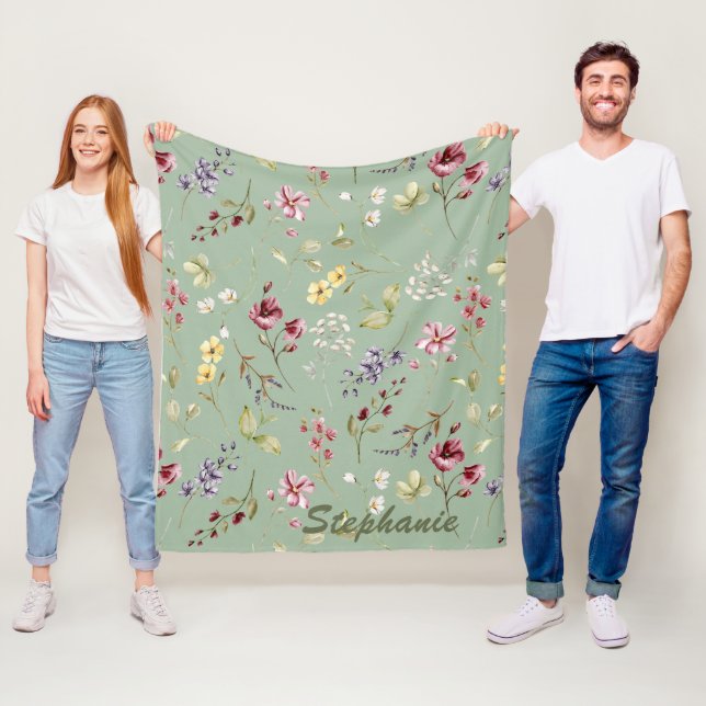 Wildflower Sage Green Custom Name Bridesmaid Gift  Fleece Blanket (In Situ)