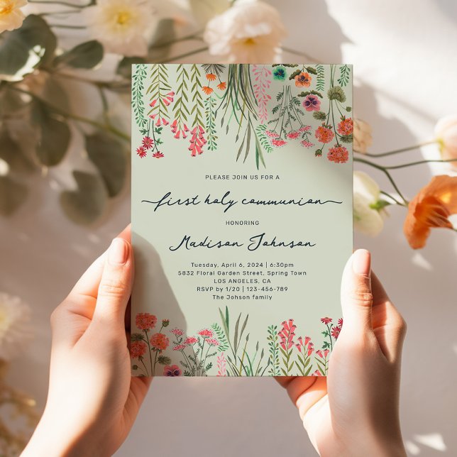 Wildflower Sage Green First Holy Communion Invitation (Wildflower Sage Green First Holy Communion Invitation)