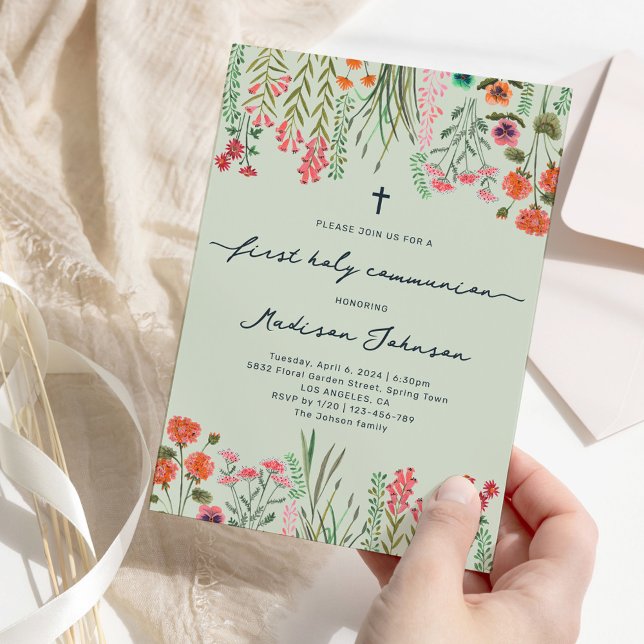 Wildflower Sage Green First Holy Communion Invitation (Wildflower Sage Green First Holy Communion Invitation)