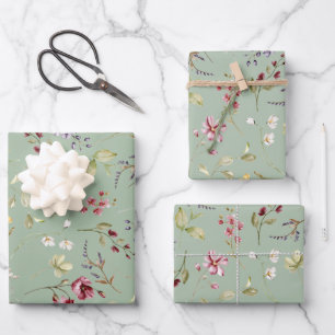Wildflower Sage Green Floral Wrapping Paper Sheet
