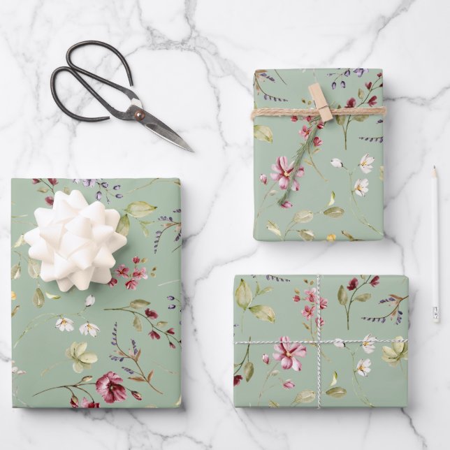 Wildflower Sage Green Floral  Wrapping Paper Sheet (Front)
