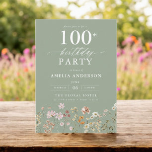 Wildflower Sage Green Garden Floral 100th Birthday Invitation