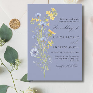 wildflower script blue wedding  invitation