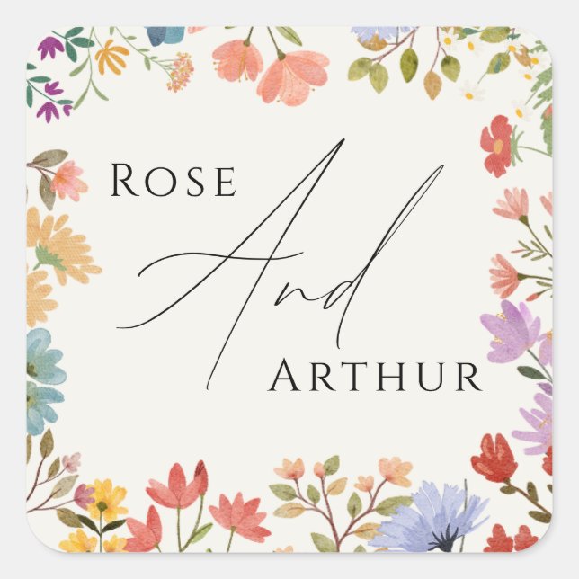 Wildflower Script Wedding Classic Round Sticker (Front)