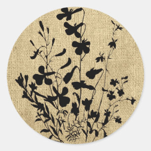 Wildflower Silhouette Burlap Classic Round Sticker