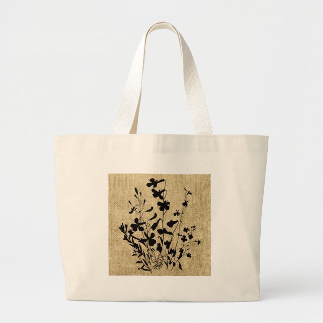 Wildflower Silhouette Burlap Large Tote Bag (Front)