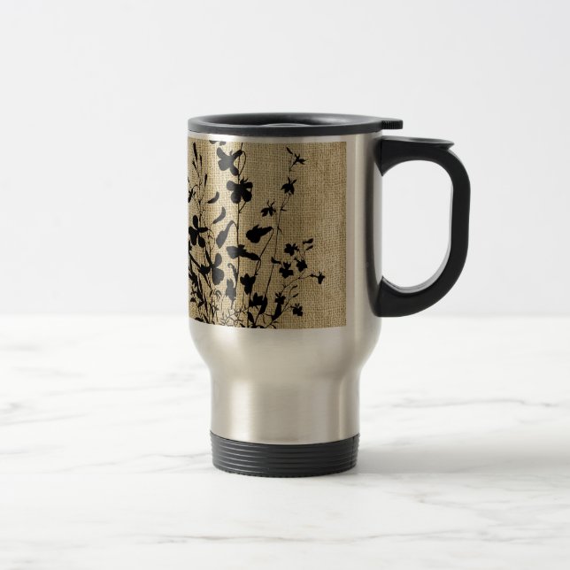 Wildflower Silhouette Burlap Travel Mug (Right)