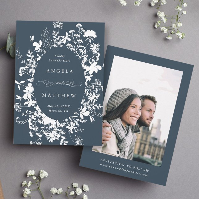 Wildflower Silhouette Wedding Navy Photo Save The Date (Creator Uploaded)