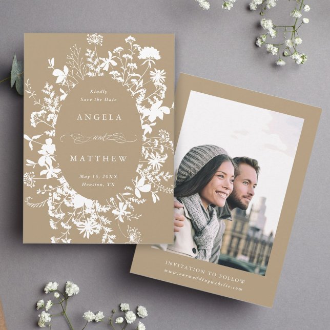 Wildflower Silhouette Wedding Tan Photo Save The Date (Creator Uploaded)