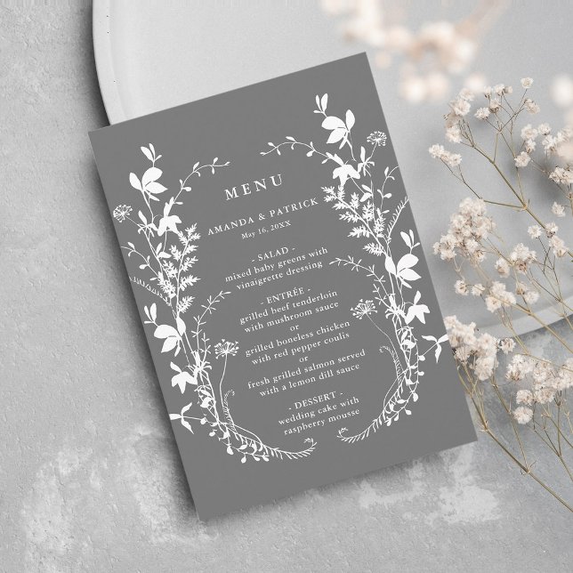 Wildflower Silhouette Wreath Wedding Grey Menu (Creator Uploaded)