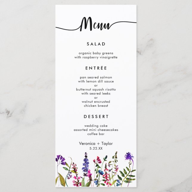 Wildflower Simple 3 course wedding menu (Front)