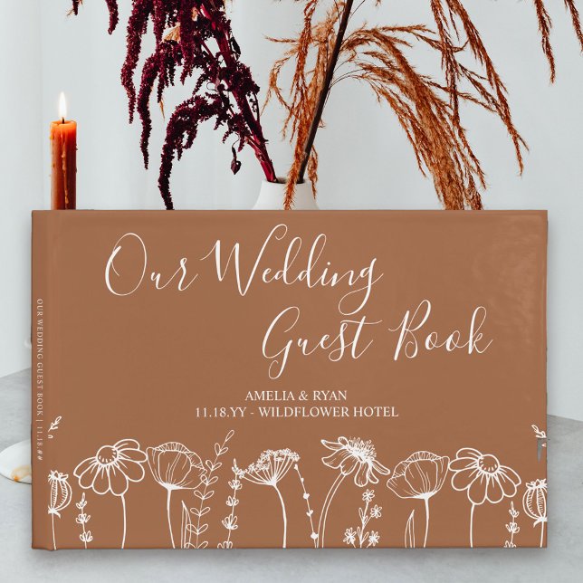 Wildflower Sketch Burnt Orange Wedding Guest Book (Terracotta wedding guest book with wildflowers border from my Wildflower Sketch collection)