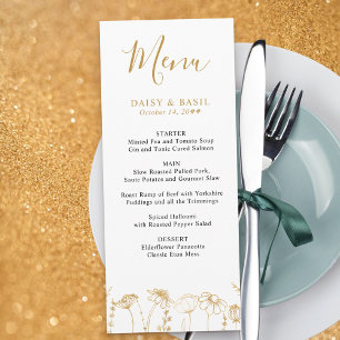 Wildflower Sketch Floral Gold White Wedding Menu