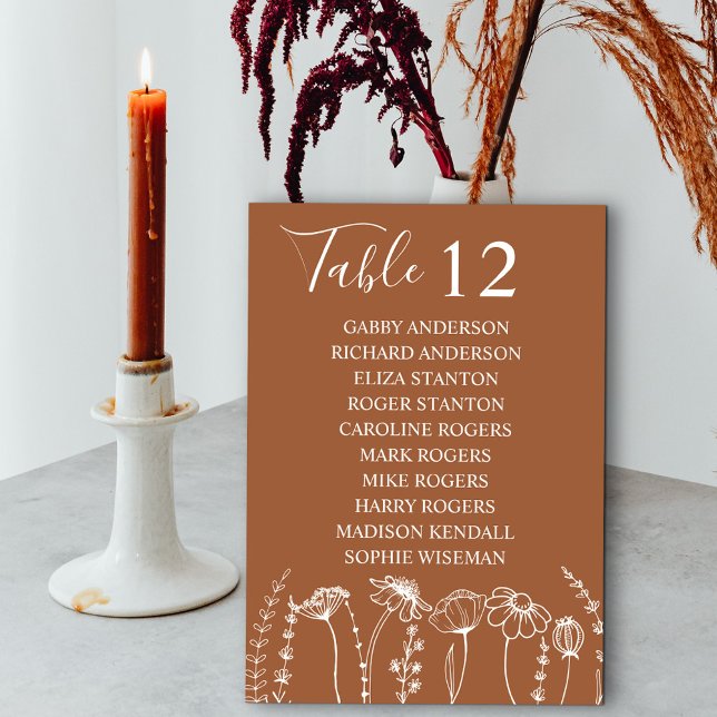 Wildflower Sketch Orange Table Number Seating (Table Number with Guest Names in Terracotta Burnt Orange, from my Wildflower Sketch collection)