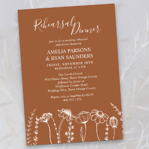 Wildflower Sketch Orange Wedding Rehearsal Dinner Invitation
