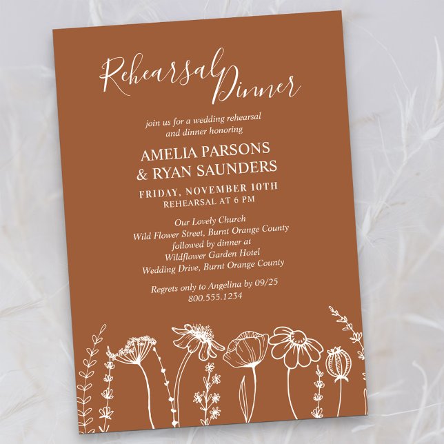 Wildflower Sketch Orange Wedding Rehearsal Dinner Invitation (Rehearsal Dinner Invitation in Terracotta Burnt Orange, from my Wildflower Sketch collection)