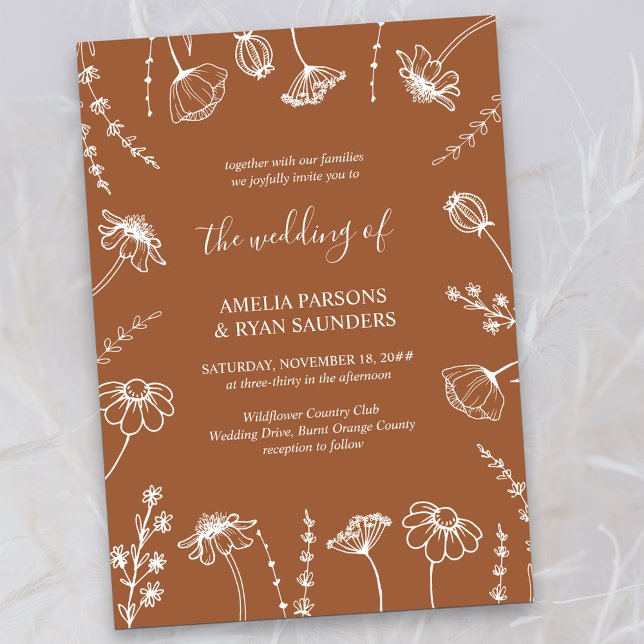 Wildflower Sketch Terracotta Simple Floral Wedding Invitation (Wedding Invitation in Terracotta Burnt Orange, from my Wildflower Sketch collection)