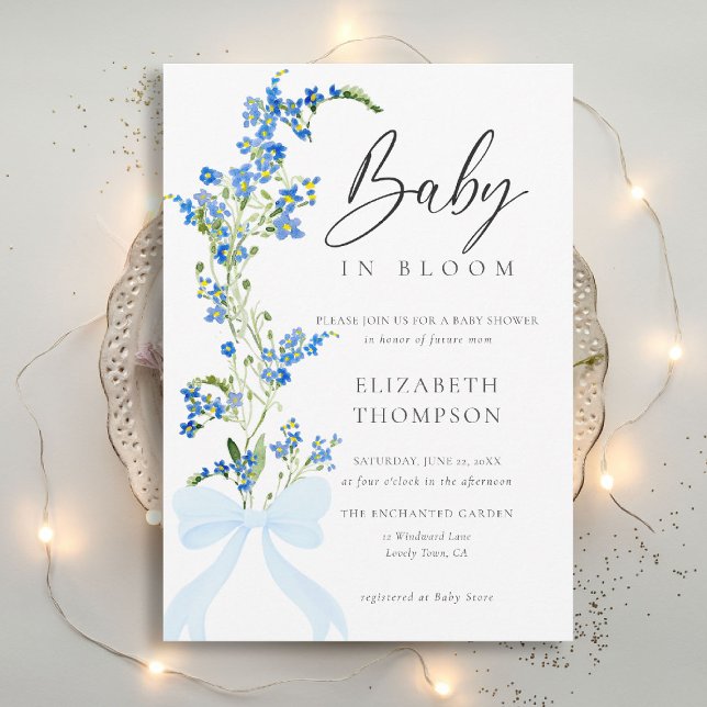 Wildflower Soft Bloom Blue Bow Elegant Baby Shower Invitation (wildflowers baby shower invitation blue bow elegant garden party romantic watercolor rustic boho)