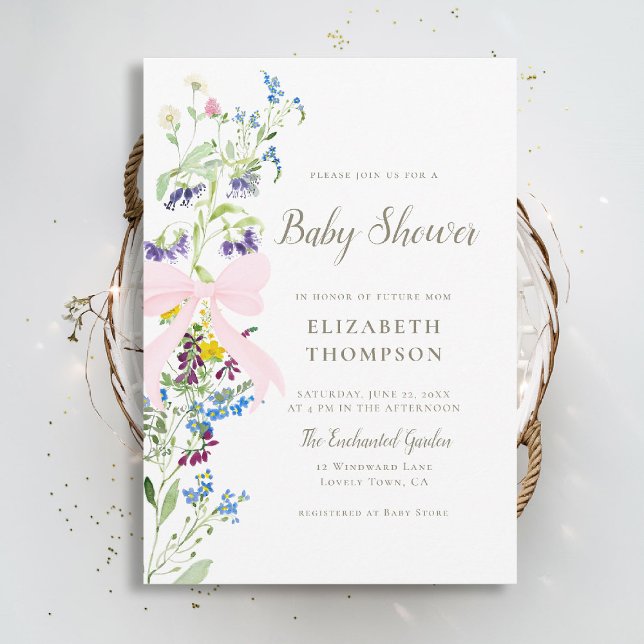 Wildflower Soft Blooms Pink Bow Girl Baby Shower Invitation (wildflowers baby shower invitation pink bow elegant garden party colorful happy watercolor boho)