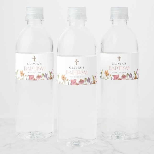 Wildflower Spring Floral Girl Baptism Party Water Bottle Label (Bottles)