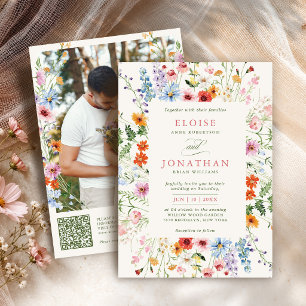 Wildflower Spring Meadow Garden Photo QR Wedding Invitation