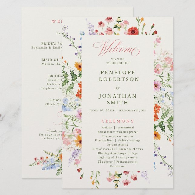 Wildflower Spring Meadow Garden Wedding Program  (Front/Back)