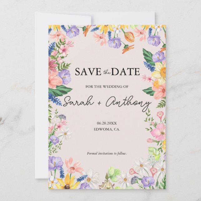 Wildflower Spring Photo Save the Date Card (Front)