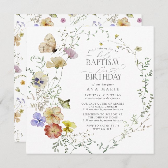 Wildflower Spring Summer Baptism 1st Birthday Invitation (Front/Back)