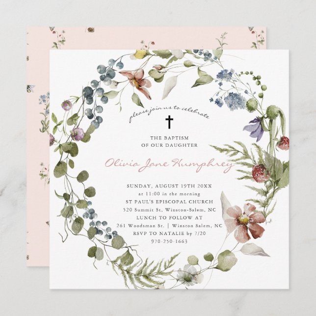 Wildflower Spring Summer Floral Baptism  Invitation (Front/Back)