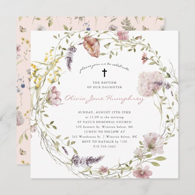 Wildflower Spring Summer Floral Baptism Invitation (Front/Back)