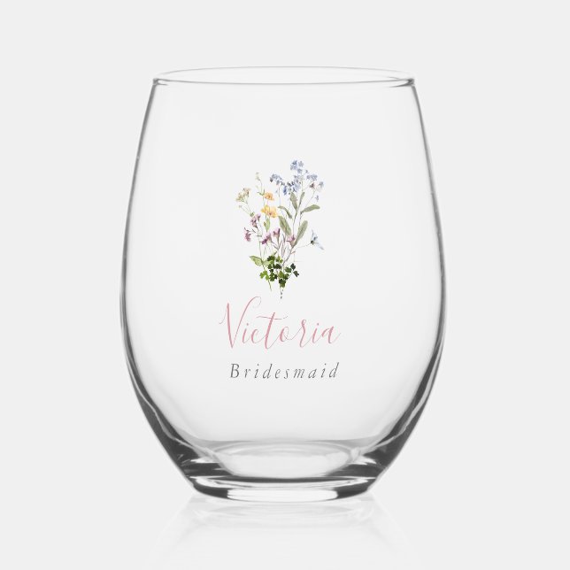 Wildflower Stemless Wine Glass Bridesmaid Gift (Front)