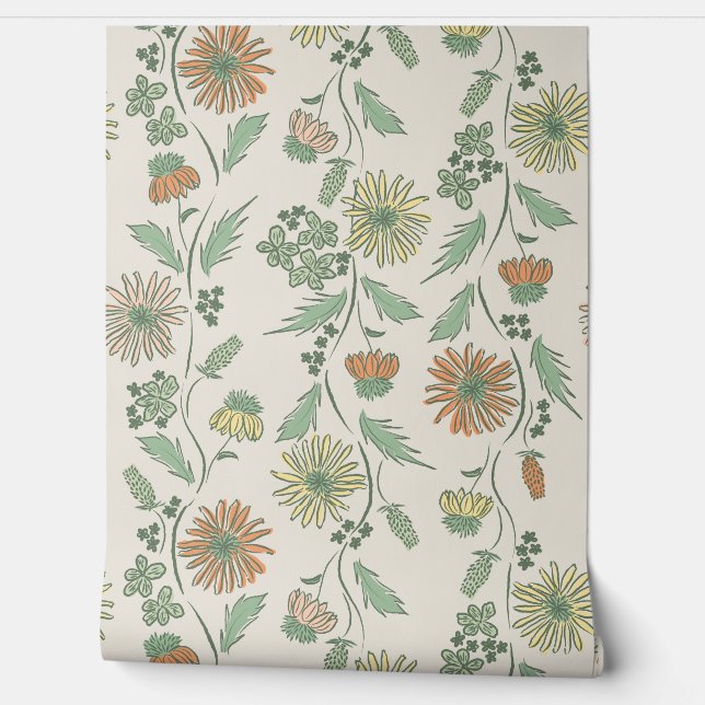 Wildflower Stripes - Yellow And Mint Green And Cre Wallpaper (Unrolling)