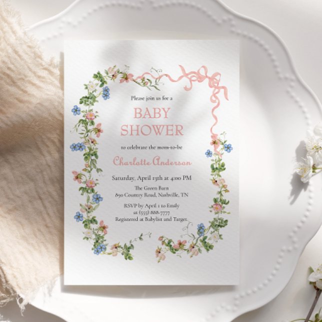 Wildflower Summer Pink Bow Baby Shower Invitation (Creator Uploaded)