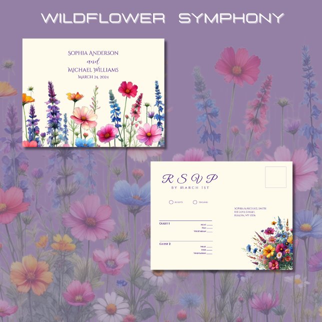 Wildflower Symphony-RSVP-Wedding- Postcard (Wildflower Symphony Wedding RSVP Postcard-Colorful, Rustic, Country, Bohemian, Elegant)