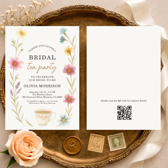 Wildflower Tea Floral QR Code Bridal Shower  Invitation (Creator Uploaded)