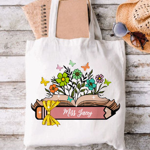 Wildflower Teacher Name, Personalised Teacher,gift Tote Bag