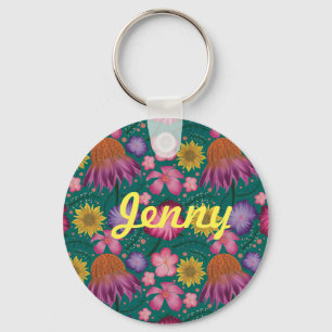 Wildflower Teal Floral Personalised Key Ring